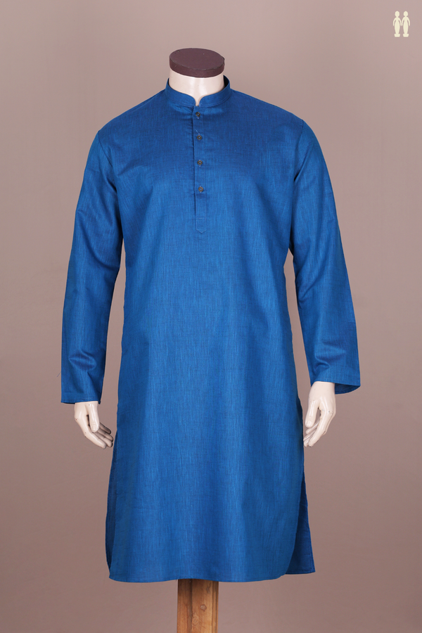 Chinese Collar Plain Cobalt Blue Cotton Long Kurta