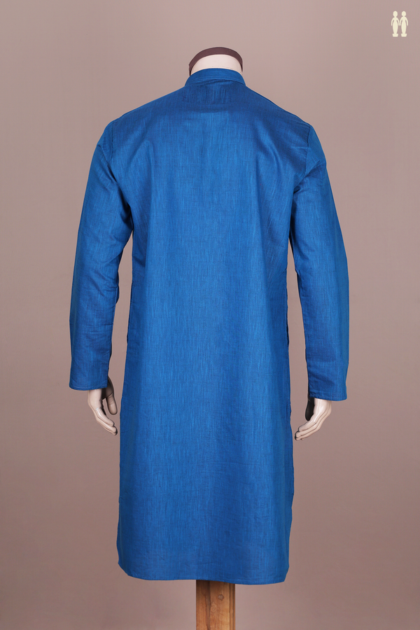 Chinese Collar Plain Cobalt Blue Cotton Long Kurta