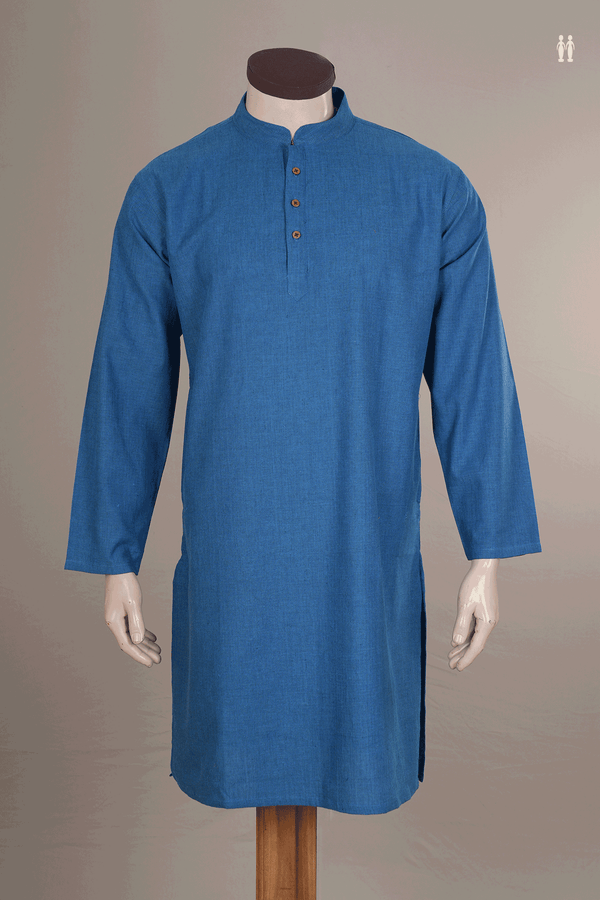Chinese Collar Plain Dusty Blue Cotton Long Kurta