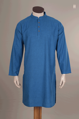Chinese Collar Plain Dusty Blue Cotton Long Kurta