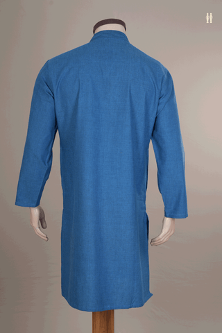 Chinese Collar Plain Dusty Blue Cotton Long Kurta