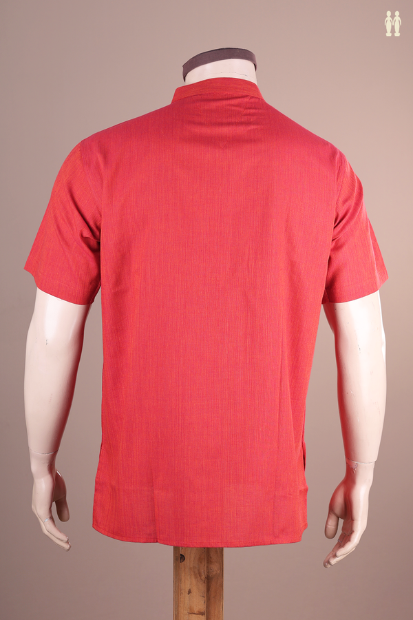 Chinese Collar Plain Red Linen Cotton Short Kurta