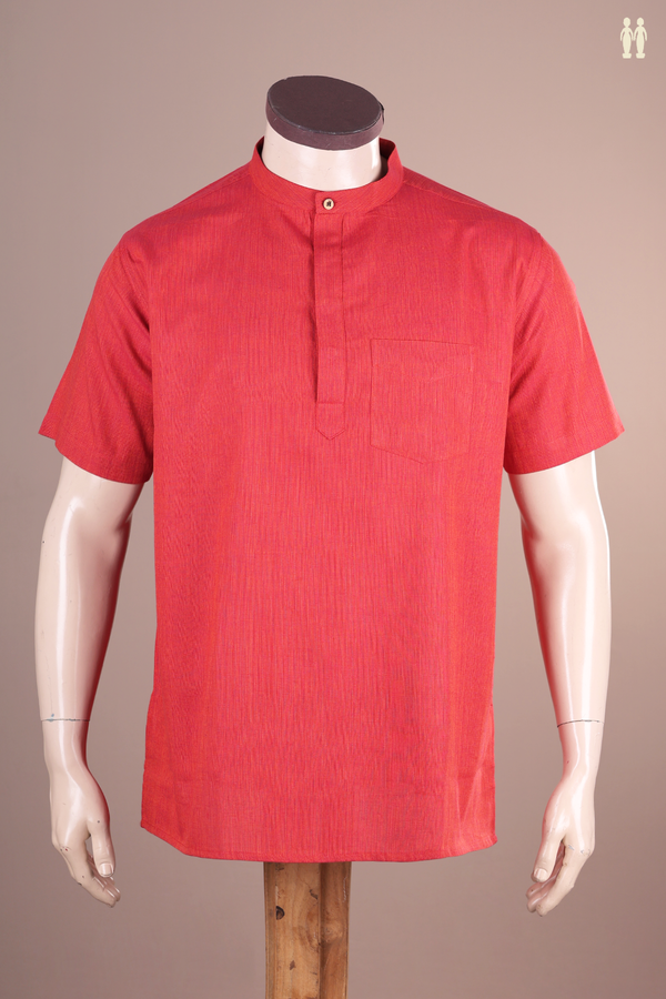 Chinese Collar Plain Red Linen Cotton Short Kurta