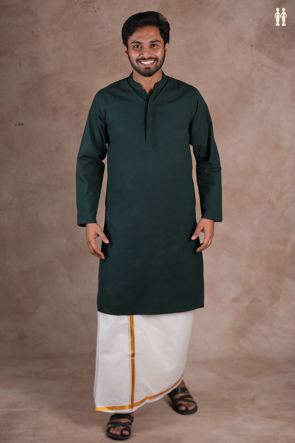 Chinese Collar Plain Forest Green Cotton Long Kurta