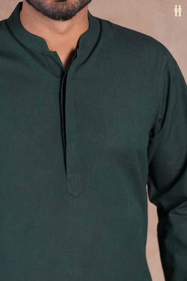 Chinese Collar Plain Forest Green Cotton Long Kurta