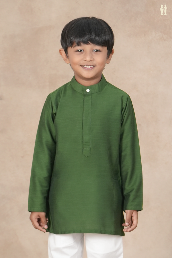 Chinese Collar Plain Forest Green Semi Raw Silk Long Kurta