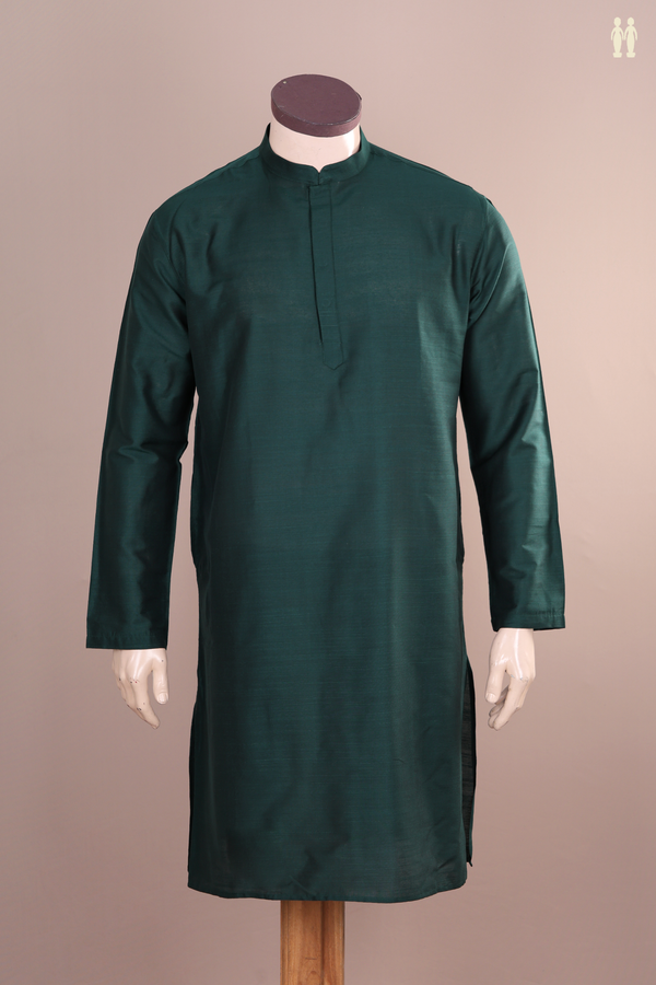 Chinese Collar Plain Forest Green Raw Silk Long Kurta