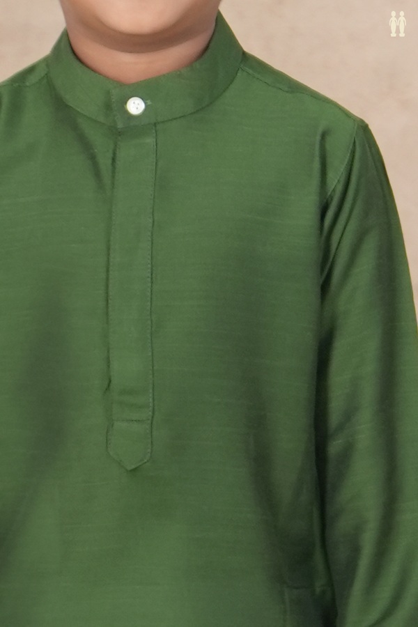 Chinese Collar Plain Forest Green Semi Raw Silk Long Kurta