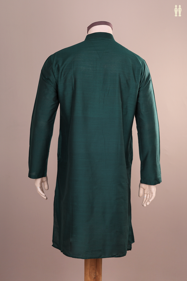 Chinese Collar Plain Forest Green Raw Silk Long Kurta