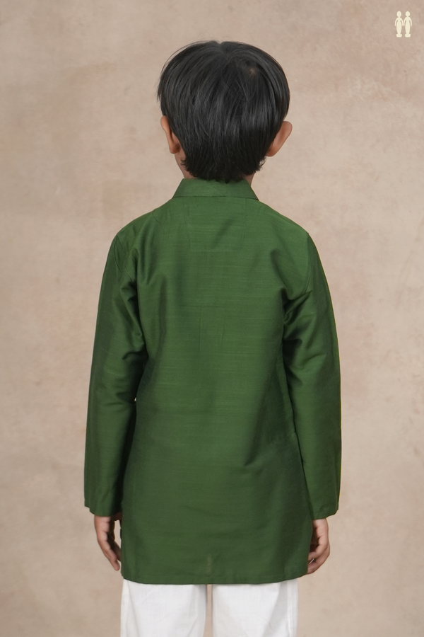 Chinese Collar Plain Forest Green Semi Raw Silk Long Kurta