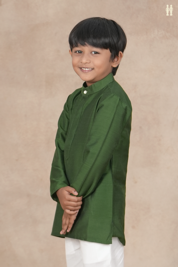 Chinese Collar Plain Forest Green Semi Raw Silk Long Kurta
