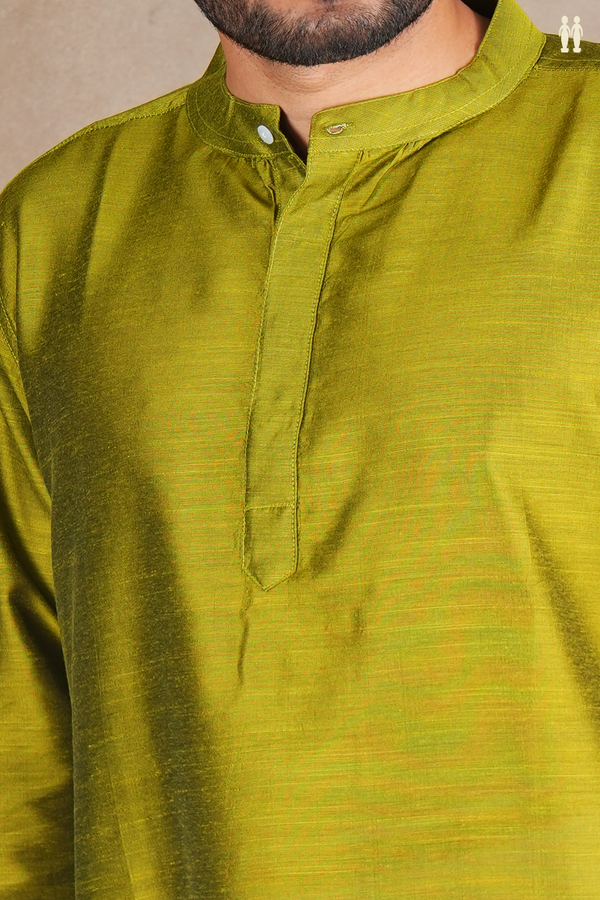 Chinese Collar Plain Green Raw Silk Short Kurta