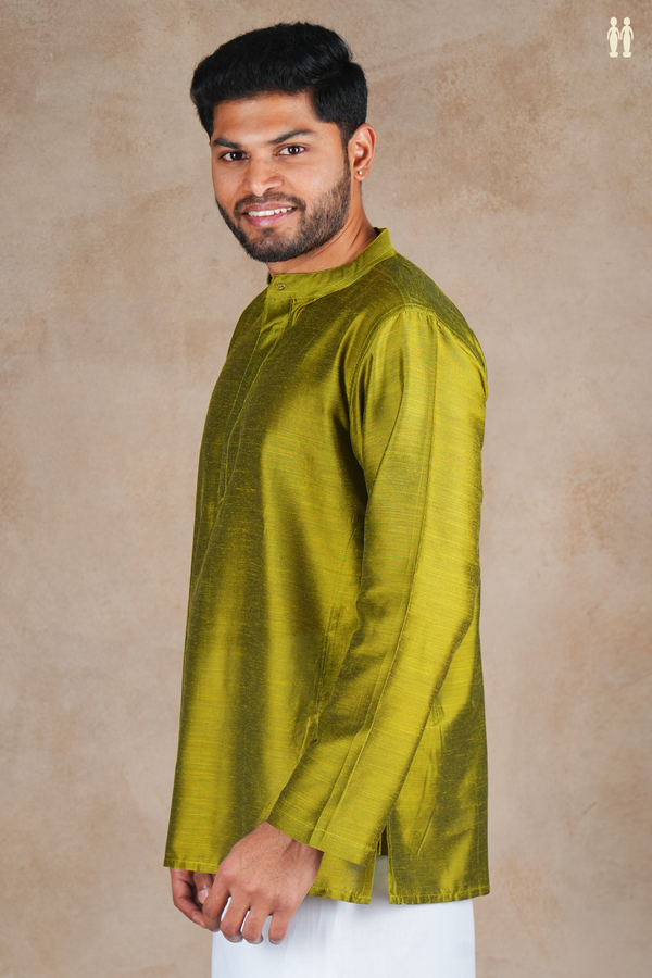 Chinese Collar Plain Green Raw Silk Short Kurta