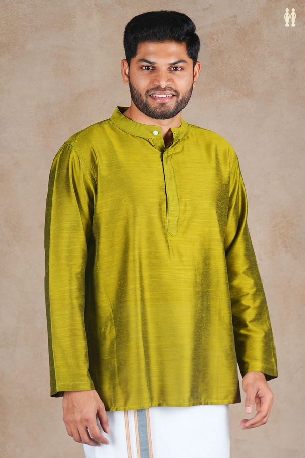 Chinese Collar Plain Green Raw Silk Short Kurta