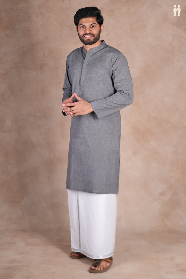 Chinese Collar Plain Grey Cotton Long Kurta
