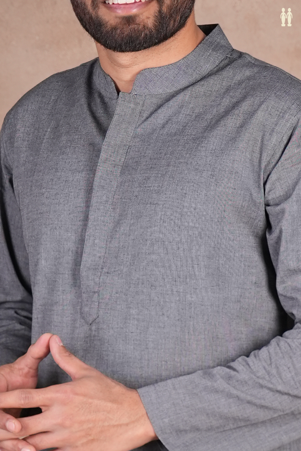 Chinese Collar Plain Grey Cotton Long Kurta