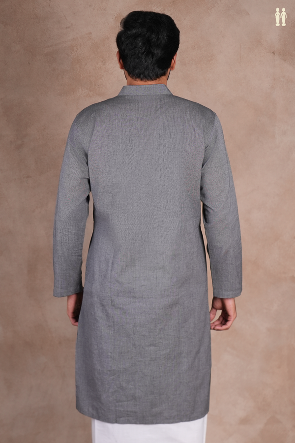 Chinese Collar Plain Grey Cotton Long Kurta