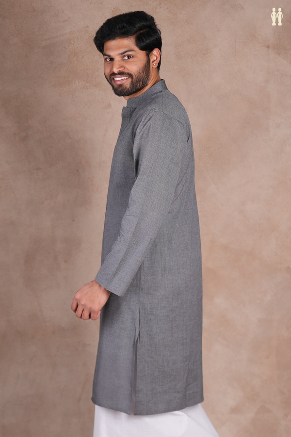 Chinese Collar Plain Grey Cotton Long Kurta
