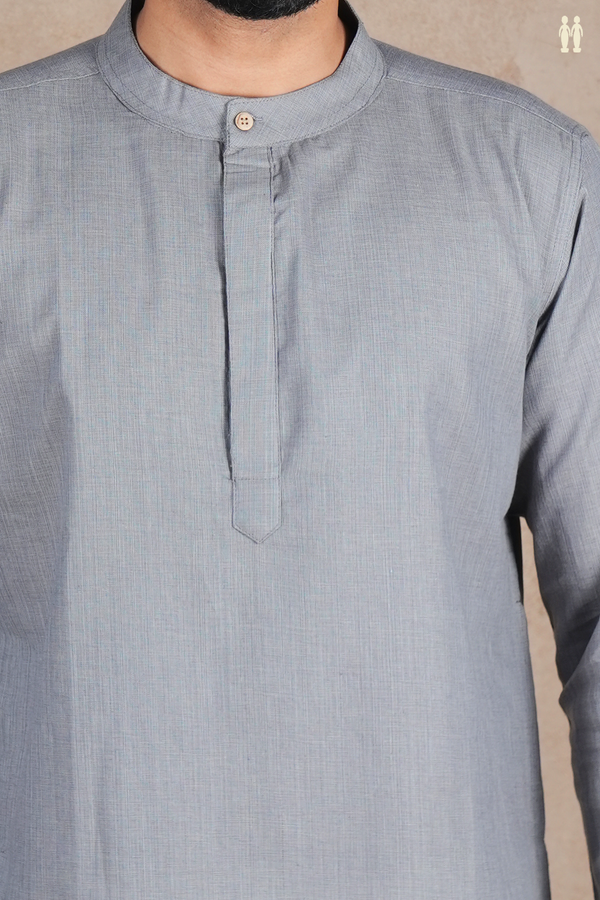 Chinese Collar Plain Grey Cotton Short Kurta