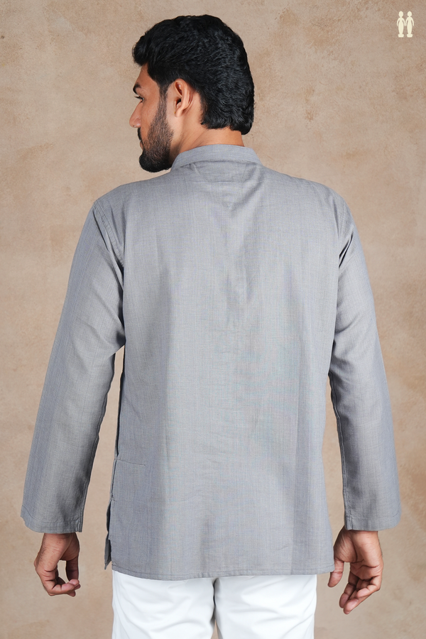 Chinese Collar Plain Grey Cotton Short Kurta