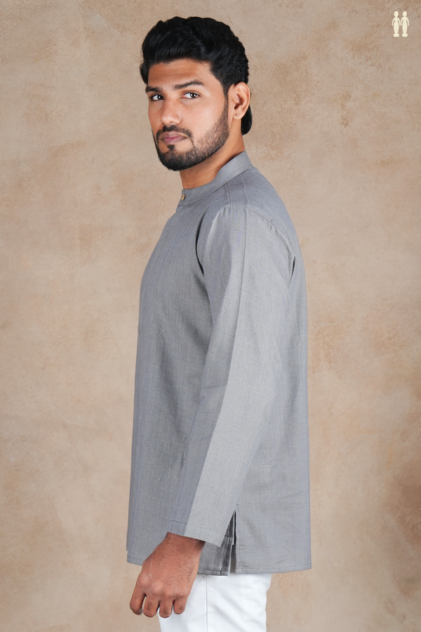 Chinese Collar Plain Grey Cotton Short Kurta
