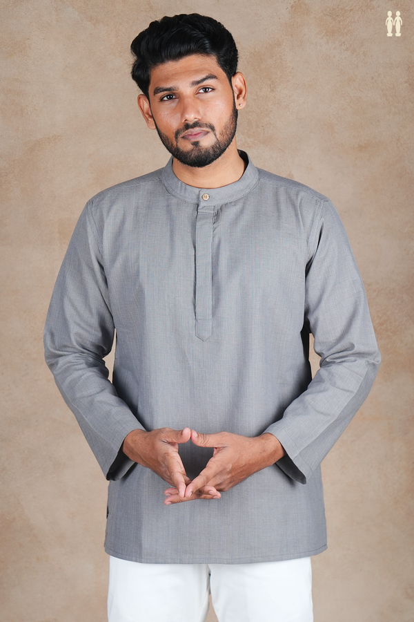 Chinese Collar Plain Grey Cotton Short Kurta