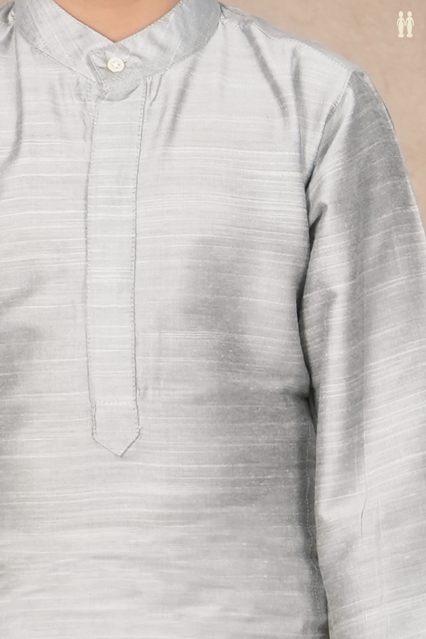 Chinese Collar Plain Grey Raw Silk Long Kurta