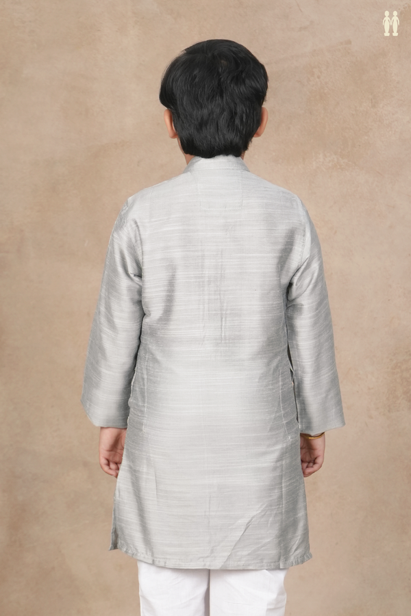 Chinese Collar Plain Grey Raw Silk Long Kurta