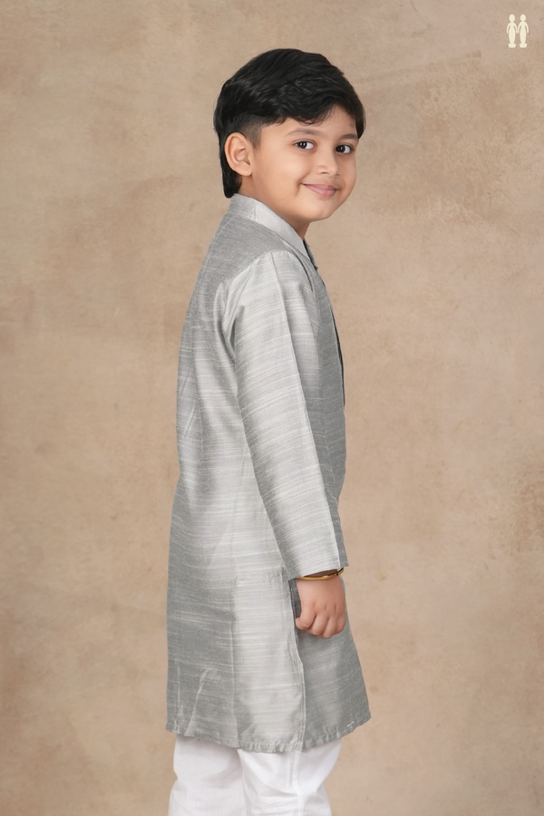 Chinese Collar Plain Grey Raw Silk Long Kurta
