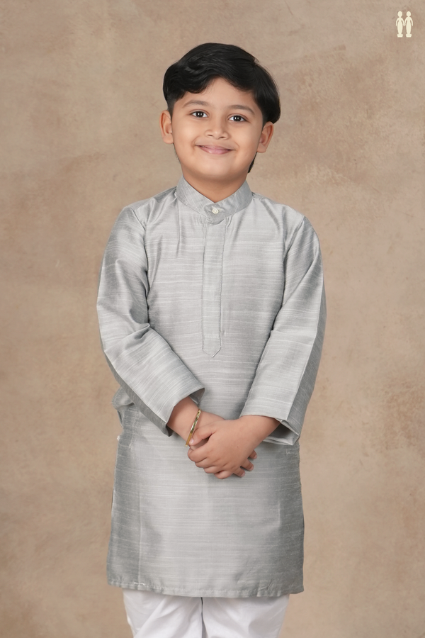 Chinese Collar Plain Grey Raw Silk Long Kurta