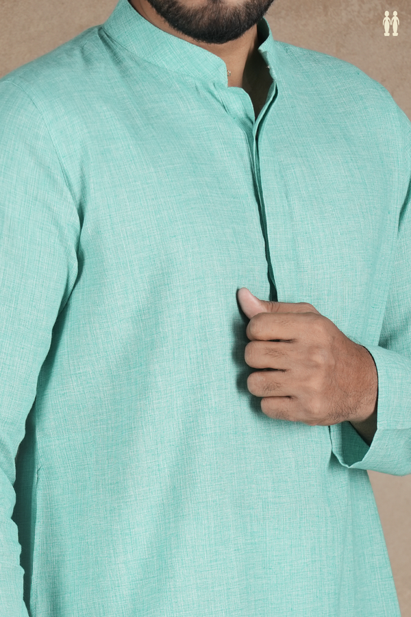 Chinese Collar Plain Mint Green Cotton Long Kurta