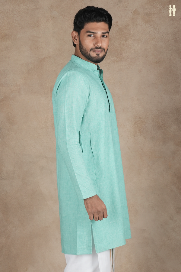 Chinese Collar Plain Mint Green Cotton Long Kurta