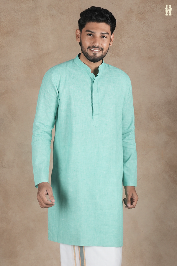 Chinese Collar Plain Mint Green Cotton Long Kurta