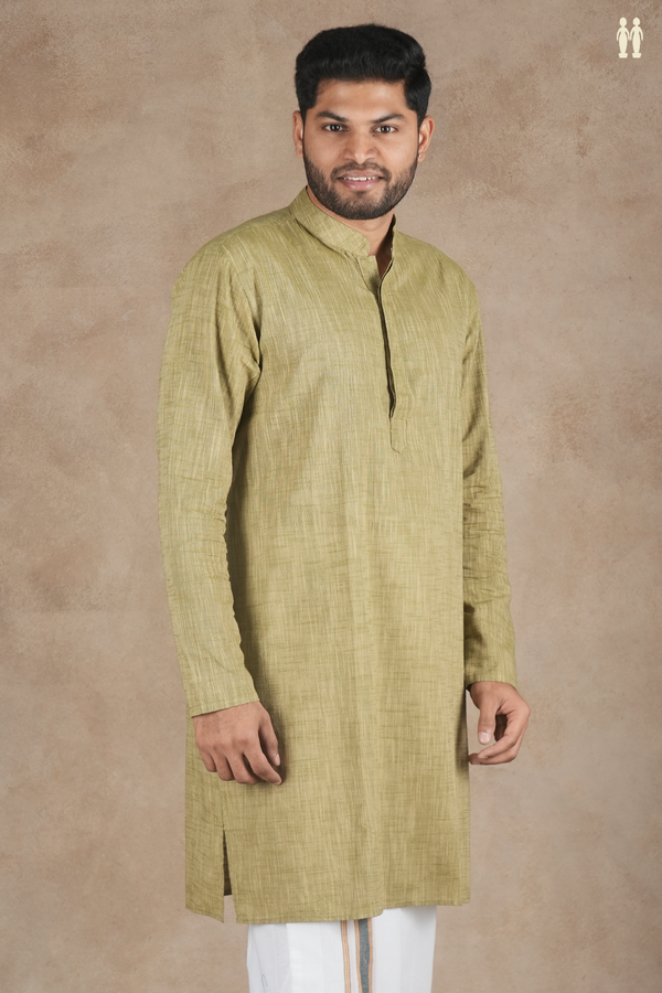Chinese Collar Plain Moss Green Cotton Long Kurta