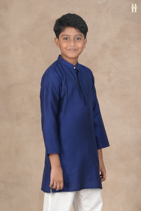Chinese Collar Plain Navy Blue Raw Silk Long Kurta