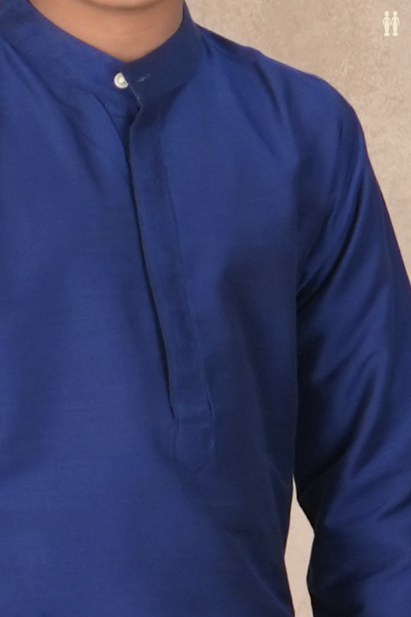 Chinese Collar Plain Navy Blue Raw Silk Long Kurta