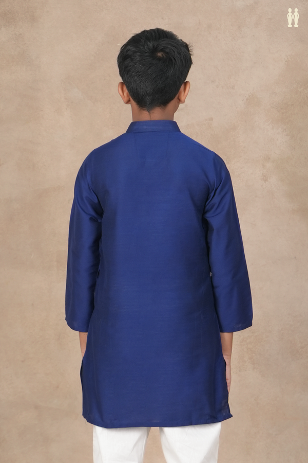 Chinese Collar Plain Navy Blue Raw Silk Long Kurta