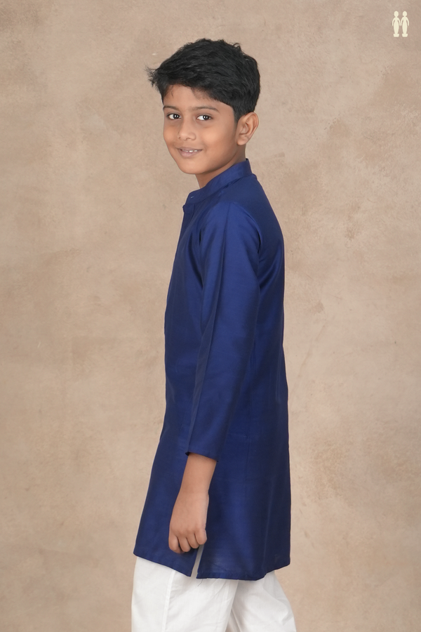 Chinese Collar Plain Navy Blue Raw Silk Long Kurta