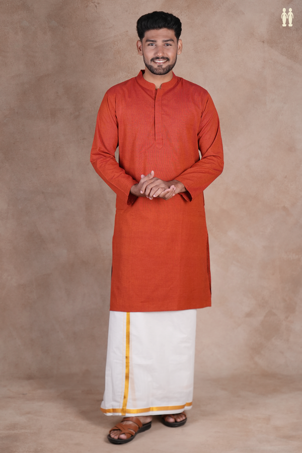 Chinese Collar Plain Orange Cotton Long Kurta