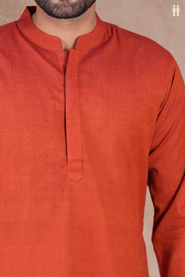 Chinese Collar Plain Orange Cotton Long Kurta