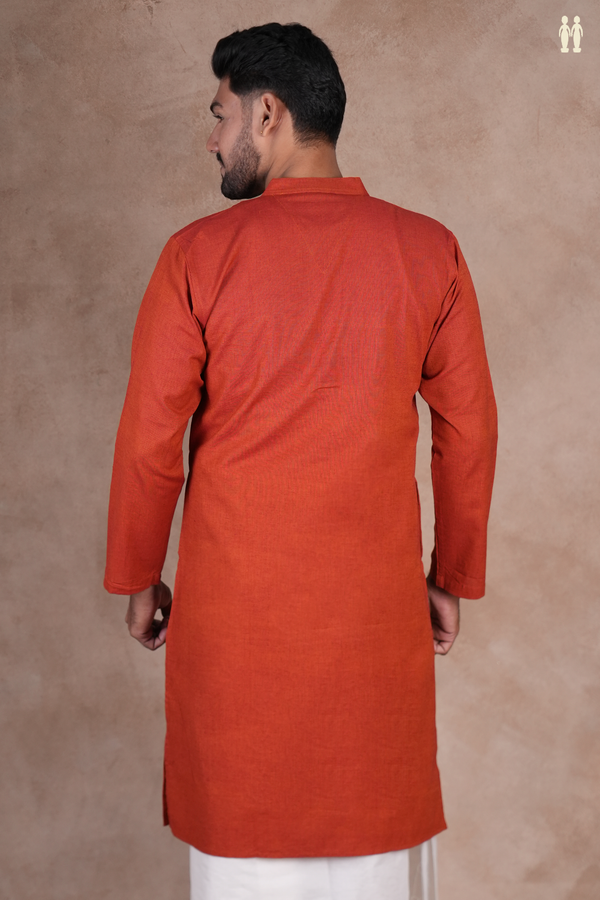 Chinese Collar Plain Orange Cotton Long Kurta