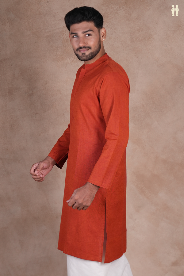 Chinese Collar Plain Orange Cotton Long Kurta