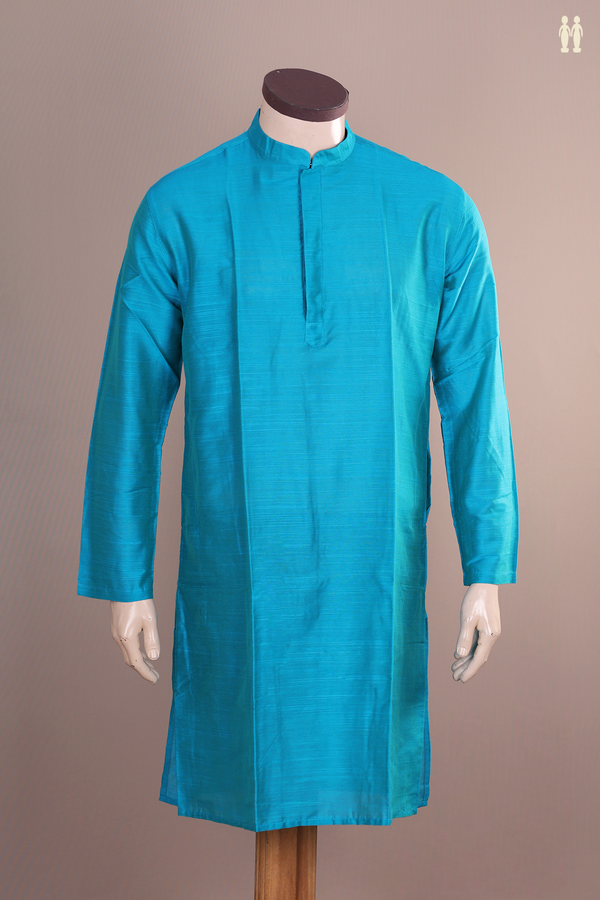 Chinese Collar Plain Peacock Blue Raw Silk Long Kurta