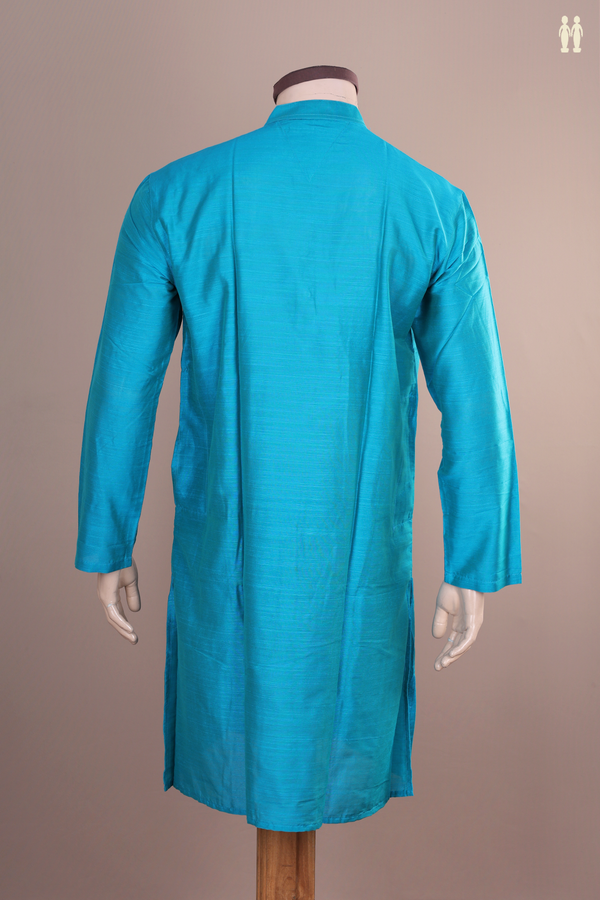 Chinese Collar Plain Peacock Blue Raw Silk Long Kurta