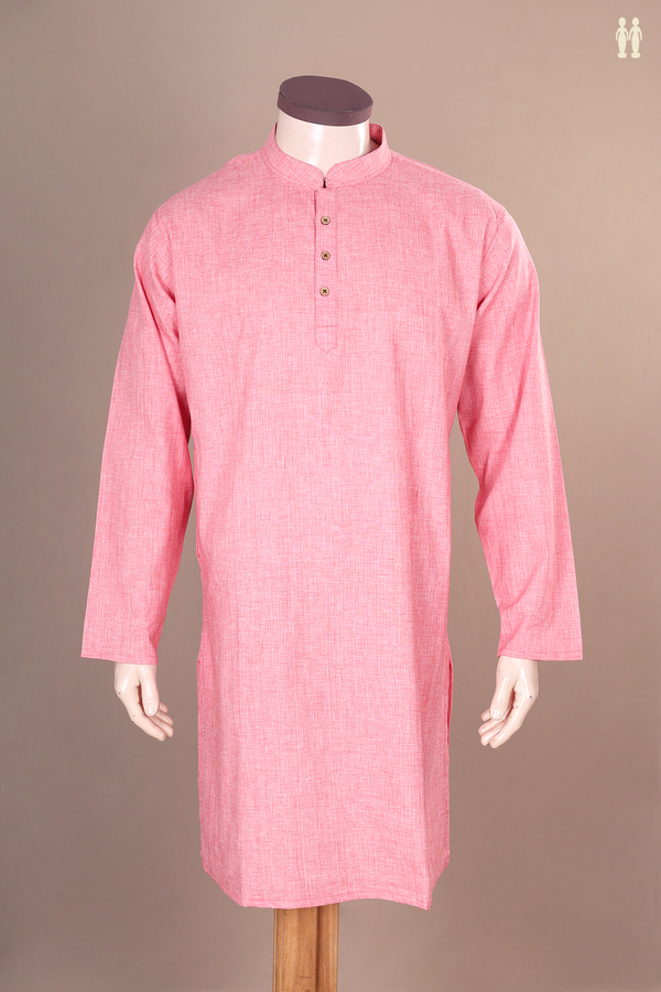 Chinese Collar Plain Pink Cotton Long Kurta