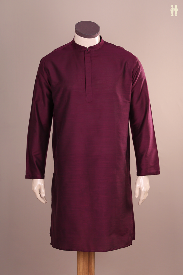 Chinese Collar Plain Plum Purple Raw Silk Long Kurta