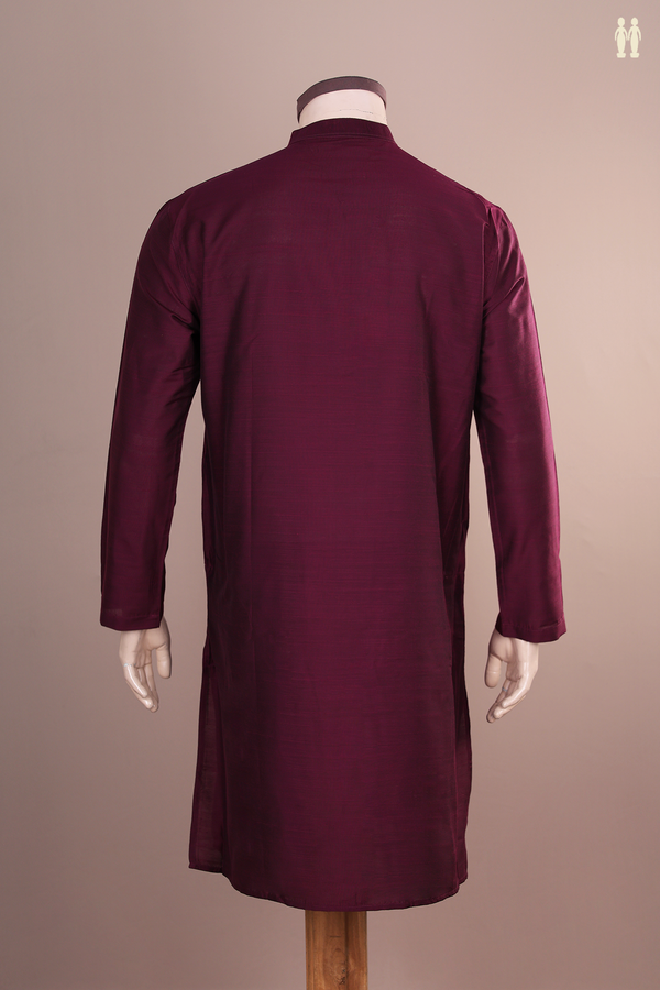 Chinese Collar Plain Plum Purple Raw Silk Long Kurta
