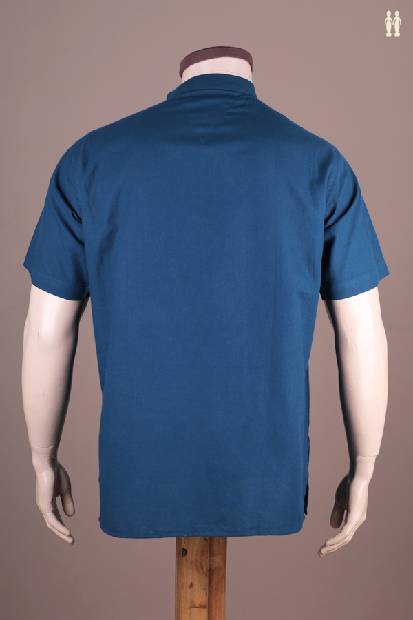 Chinese Collar Plain Prussian Blue Cotton Short Kurta