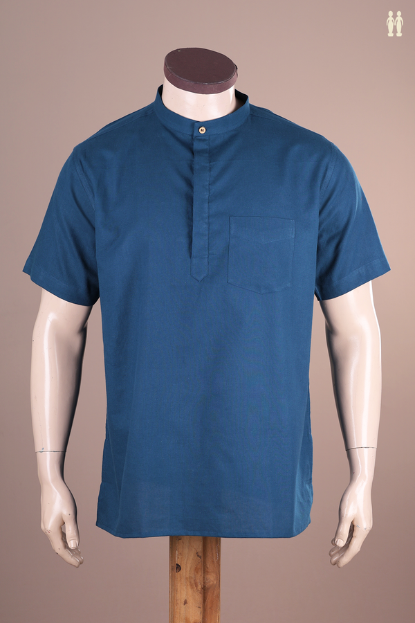 Chinese Collar Plain Prussian Blue Cotton Short Kurta