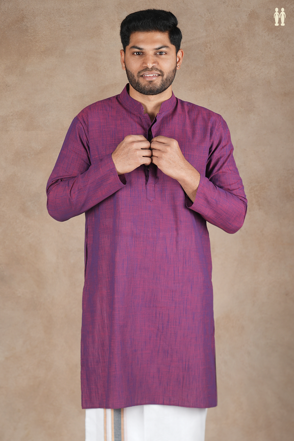 Chinese Collar Plain Purple Cotton Long Kurta
